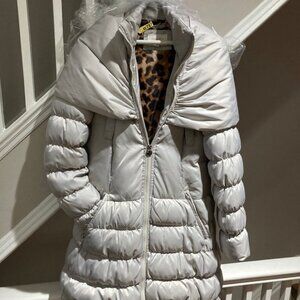 Laundry by Shelli Segal Down Coat – Elegant Pearl Grey w/ Leopard Lining